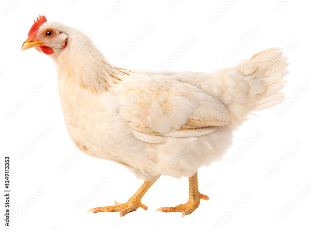 Fototapeta premium Side view of white or cream hen or chicken standing isolated on white background generated with AI