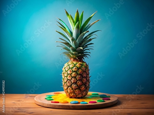 Minimalist Pineapple on Vibrant Artist Palette Background Stock Photo