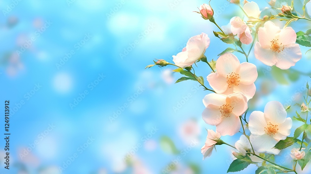 Obraz premium Soft pink blossoms on delicate branches against a dreamy blue sky with gentle bokeh light effects in spring