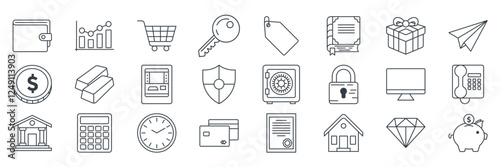 Finance icons set, Included icons as Bank Building, House, Wallet, Gold Bar and more symbols collection, logo isolated vector illustration