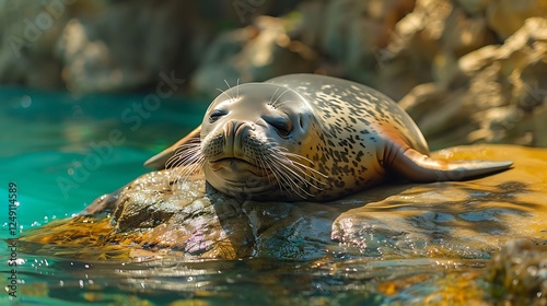 The monk seal is a rare, endangered marine mammal found in the Mediterranean, Hawaiian, and Caribbean regions. With a sleek, torpedo-shaped body, whiskered snout, and large, dark eyes, it thrives in w photo