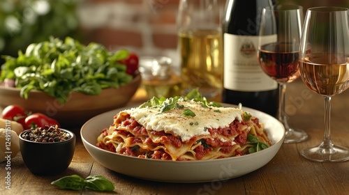 Delicious lasagna, wine, and salad.