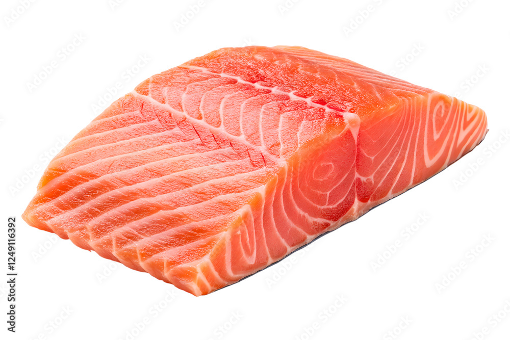 One piece of single raw orange salmon meat isolated on white background and generated with AI One piece of single raw orange salmon meat isolated on white background and generated with AI