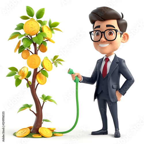 Wallpaper Mural "Cartoon Businessman Watering a Bitcoin Money Tree – 3D Financial Growth Concept" Torontodigital.ca