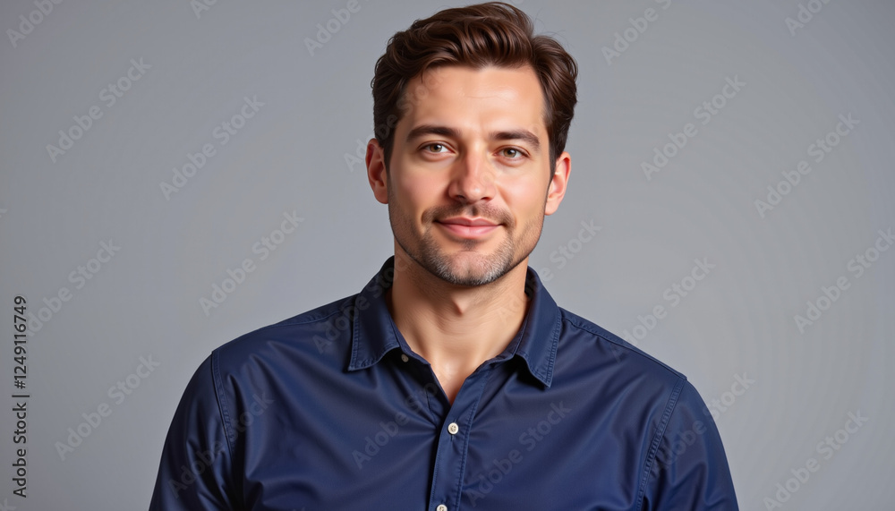 Confident man with slight scruff in navy shirt, approachable demeanor Confident man with slight scruff in navy shirt, approachable demeanor