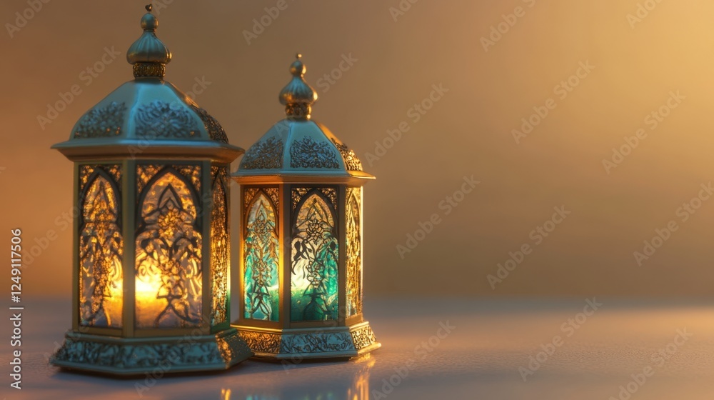 Golden Ramadan Lanterns with Warm Candlelight Illuminating Festive Atmosphere Golden Ramadan Lanterns with Warm Candlelight Illuminating Festive Atmosphere