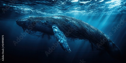 Whale trapped in fishing net, ocean pollution, illegal fishing, threat to marine life, nature conservation, wildlife protection, marine ecosystem, deep-sea pollution, ecological disaster, ocean sustai photo