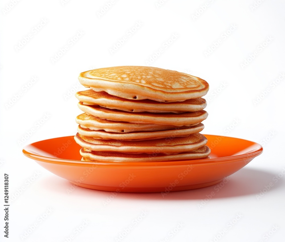 Stack of Delicious Pancakes on Bright Orange Plate Stack of Delicious Pancakes on Bright Orange Plate