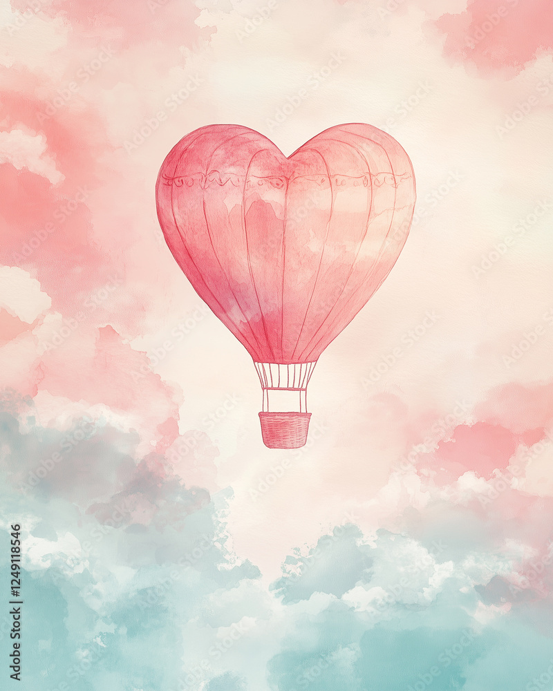 Obraz premium romantic card watercolor drawing of a heart-shaped balloon against the sky for Valentine's Day