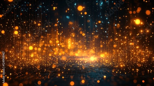 Golden light particles falling, dark background, abstract design, for celebratory visuals photo