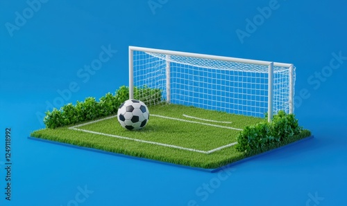 Soccer ball near goal, miniature field, blue background; sports concept photo