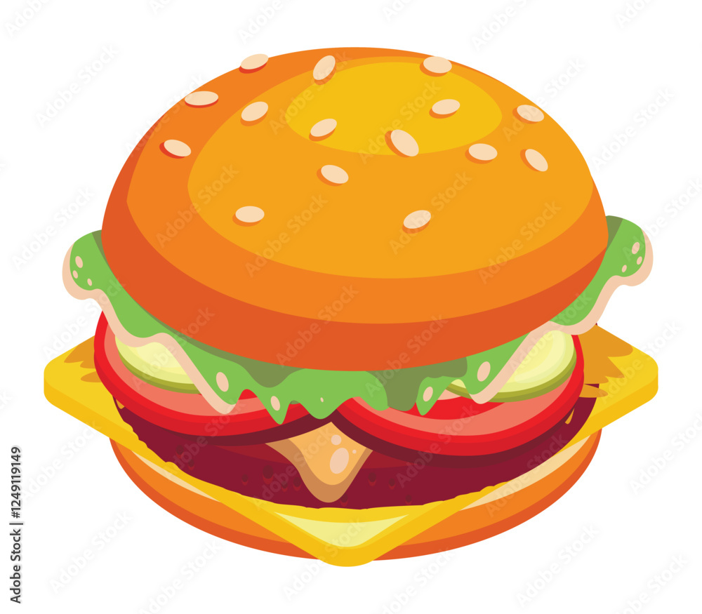 Cheeseburger with bread slices, meat and salad very delicious. Vector illustration. Cheeseburger with bread slices, meat and salad very delicious. Vector illustration.