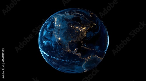 View of Earth illuminated by glowing fiber optic lights showcasing continents and cities at night
