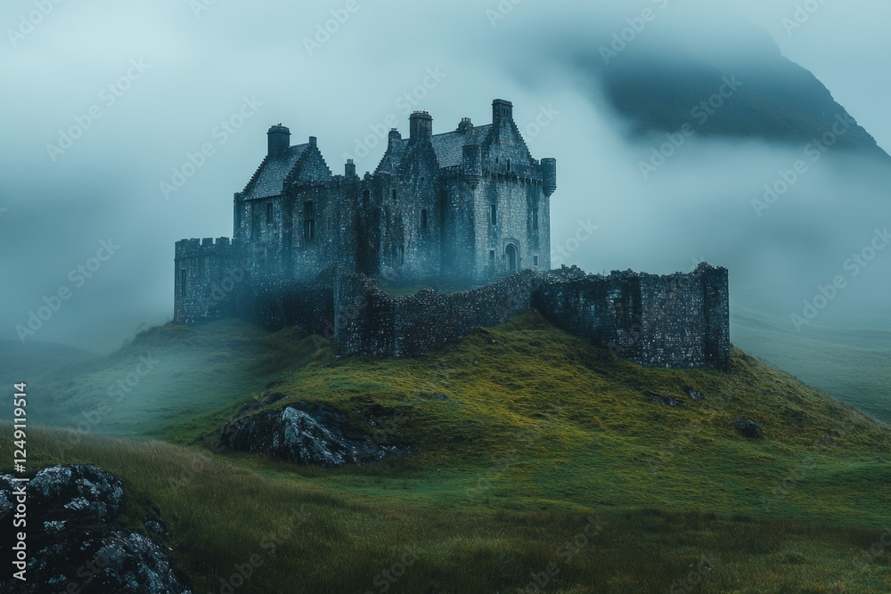 Obraz premium Ancient stone castle enveloped by dense fog on a grassy hill