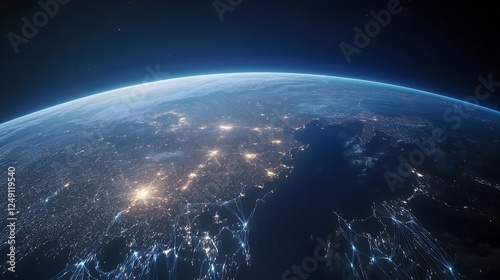 Stunning view of Earth illuminated by glowing fiber optic lines during a tranquil night