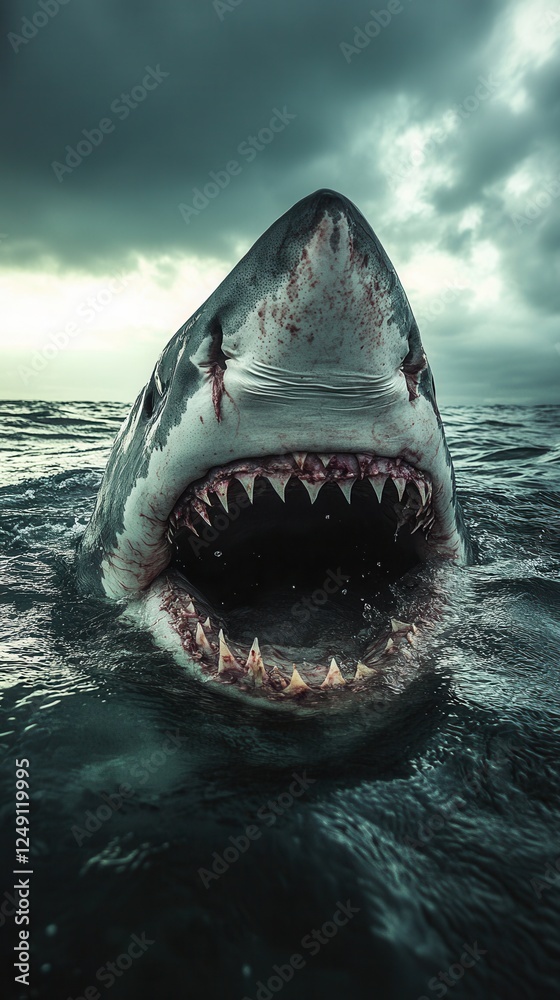 Fototapeta premium Great white shark, open jaws, emerging from water, ocean predator, marine wildlife, underwater hunter, dramatic scene, ocean danger, shark teeth, marine predator, deep sea predator.