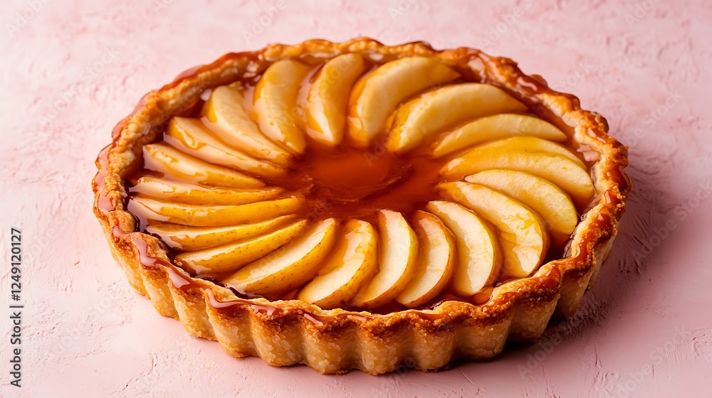 A freshly baked apple tart with caramelized edges, placed on a soft pink background, A freshly baked apple tart with caramelized edges, placed on a soft pink background,