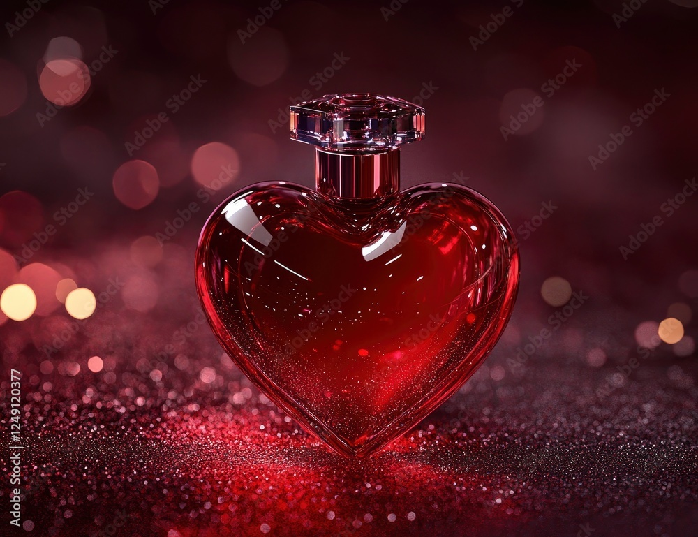 3D rendering of a red glass perfume bottle in the shape of a heart on a dark background with glitter and dust, front view, close-up. 3D rendering of a red glass perfume bottle in the shape of a heart on a dark background with glitter and dust, front view, close-up.