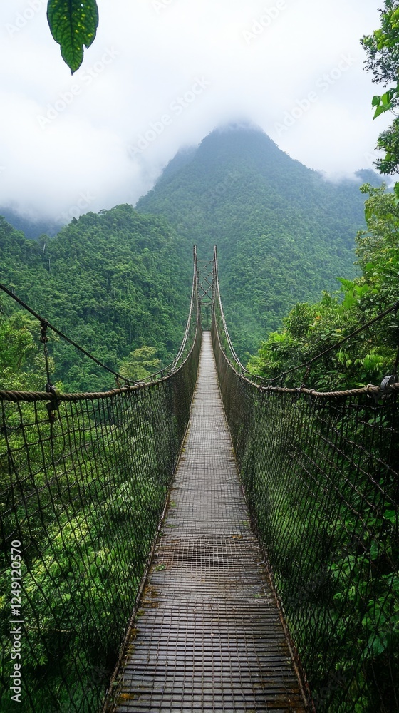 Obraz premium Suspension bridge leads through lush jungle towards misty mountain