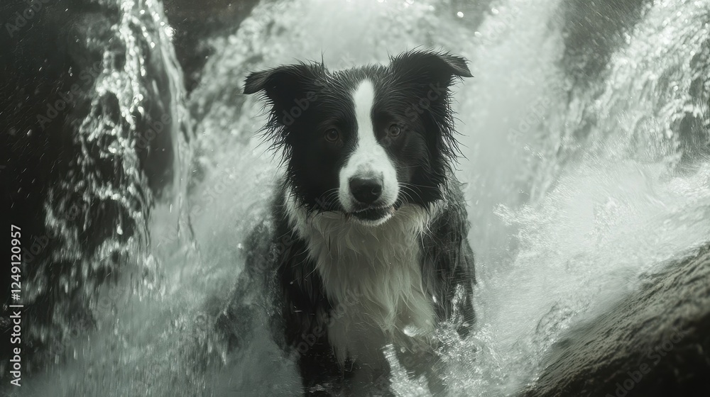 Border Collie Standing Under a Waterfall Border Collie Standing Under a Waterfall