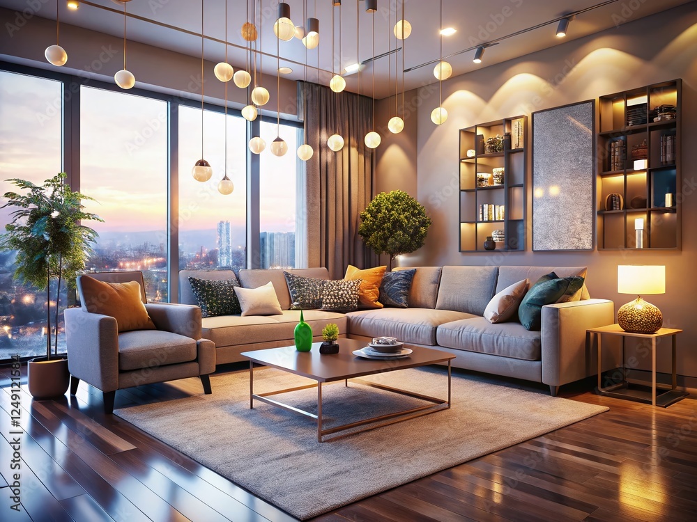 Fototapeta premium Modern Living Room Interior 3D Render with Bokeh Lighting Effect - Stylish Home Design
