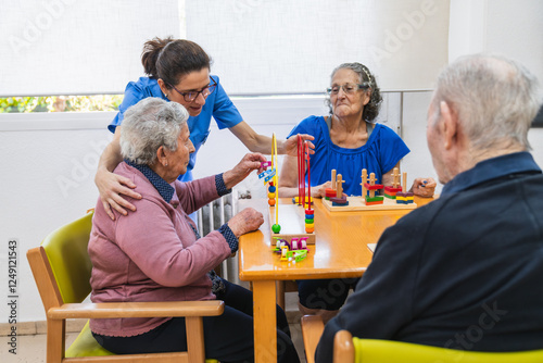 Caring nurse assisting seniors in nursing home