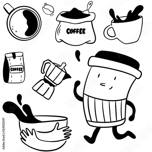 Coffee cup runs, hands hug coffee, coffee pot, coffee bean packaging in hand-drawn style, large set for coffee shop