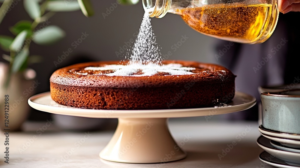 Fototapeta premium Sprinkling Sugar on a Freshly Baked Cake on a White Cake Stand