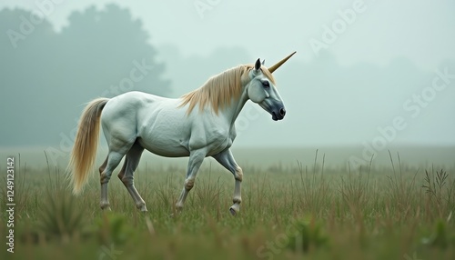 Majestic White Unicorn Galloping Across Lush Green Meadow with Blurred Background photo