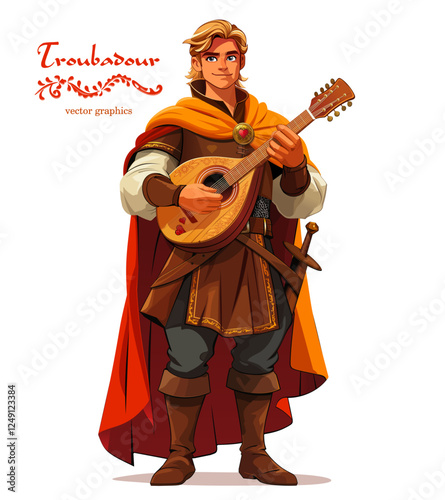 Medieval troubadour playing the lute. Handsome male character in a cloak and traditional medieval minstrel costume, suitable for historical and fantasy themes. Vector illustration