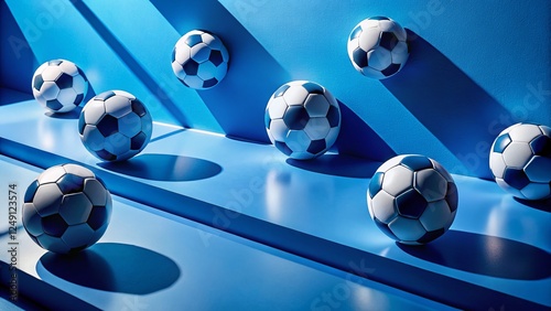 Modern Soccer Balls on Blue Monochrome Background  Abstract Architectural Photography