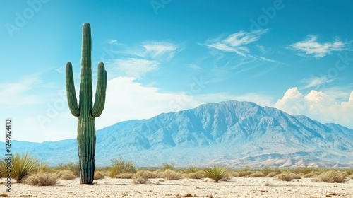 Desert landscape with saguaro cactus, mountains, and blue sky photo