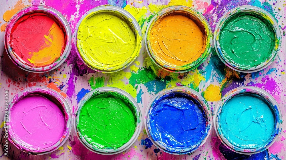 Vibrant Paint Colors in Jars on Artistic Splattered Background