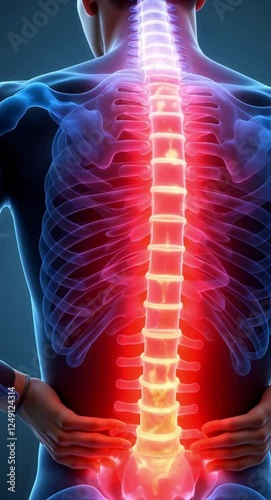 Spinal cord inflammation in x-ray style male back. 3D medical animation showing red highlighted pain in full spine, healthcare and anatomy illustration.

