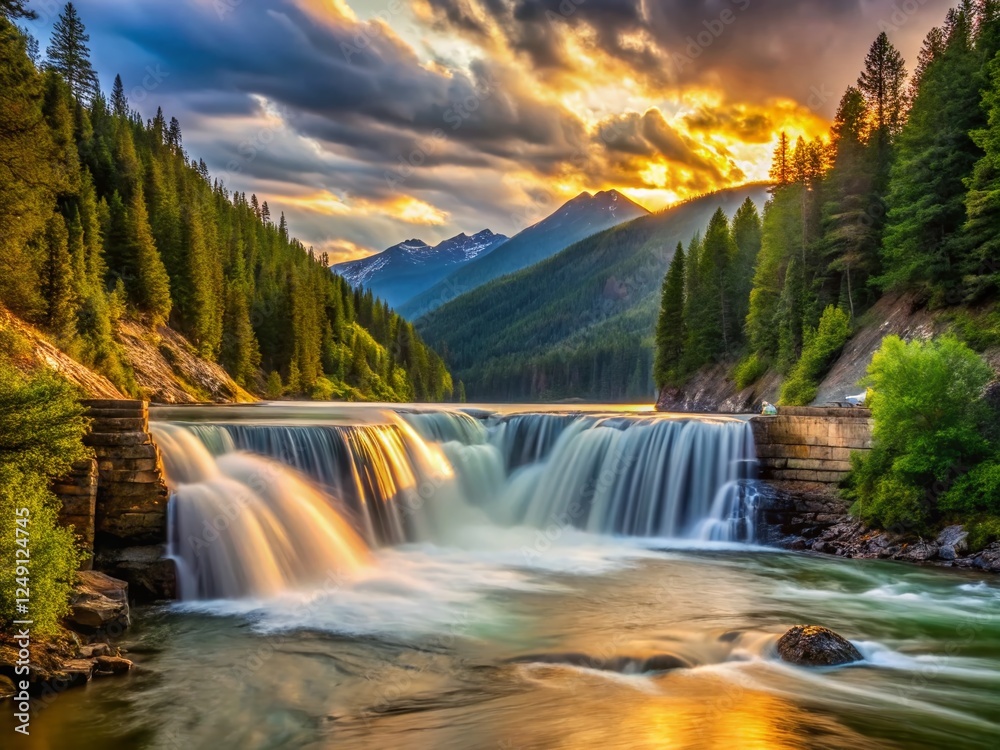Fototapeta premium Montana's Flathead River: Long Exposure Waterfall from Hungry Horse Dam