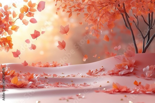 warm autumn product display podium with soft gradient background and floating golden leaves elegant minimal stage for cosmetics or luxury items presentation