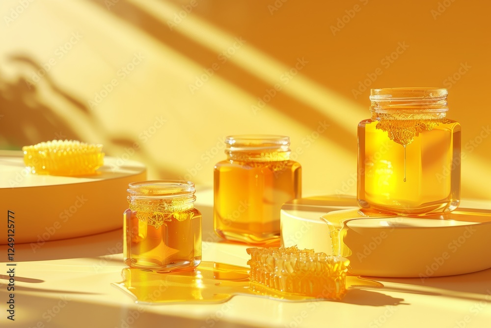 jars of liquid honey and aromatic syrup presented in a minimalist style, selective focus jars of liquid honey and aromatic syrup presented in a minimalist style, selective focus
