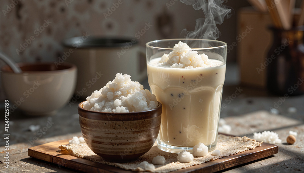 Creamy Ayran served in rustic setting with soft shadows, culinary delight Creamy Ayran served in rustic setting with soft shadows, culinary delight