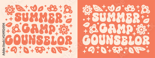 Summer camp counselor shirt design camping staff 80s groovy retro vintage floral hippie preppy orange aesthetic. Scout girls trip animator coordinator leader teacher printable card text illustration.