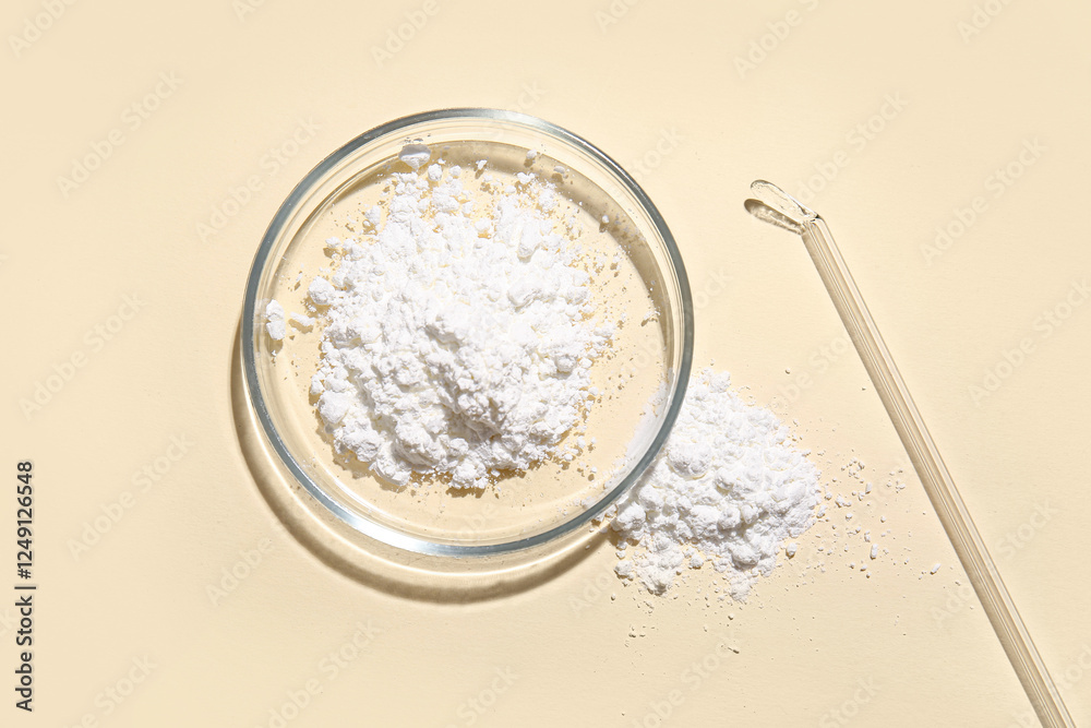 Fotografie Petri dish with powder sample on yellow background