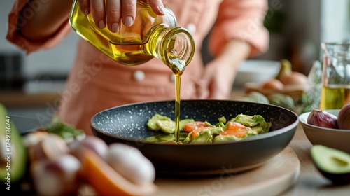 Woman Pouring Olive Oil Over Fresh Vegetables in Kitchen