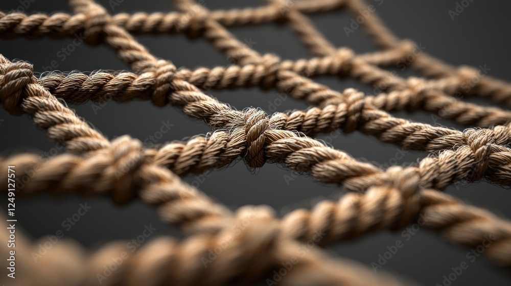 Close-up view of a woven rope net with intricate knots and textures against a dark background Close-up view of a woven rope net with intricate knots and textures against a dark background