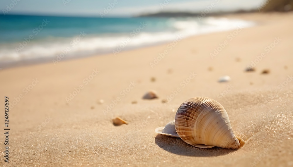 Summer Beach Scene with Sand, Shell, and Blurred Sea – Mockup Style Background. 3 Summer Beach Scene with Sand, Shell, and Blurred Sea – Mockup Style Background. 3
