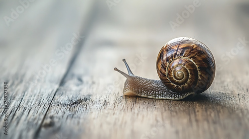 Snail crawling on wooden surface, nature background, slow pace concept