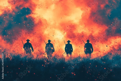 Silhouetted Figures Stand Against A Fiery Backdrop, Evoking A Sense Of Drama And Tension In A Dramatic Landscape. photo