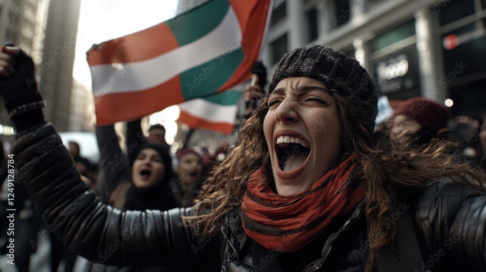 Obraz premium Passionate protester in urban setting, rallying with flag amidst enthusiastic crowd in background