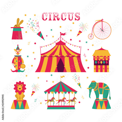 Card with circus set with ten, clown, bike.