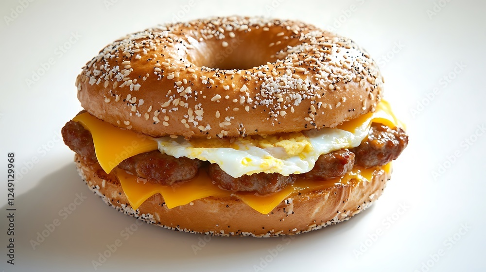 A freshly made breakfast bagel sandwich with egg, sausage, and melted cheese, resting on a clean white surface A freshly made breakfast bagel sandwich with egg, sausage, and melted cheese, resting on a clean white surface