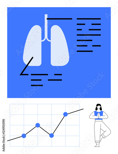 Lungs diagram with annotations, line chart showing growth, and person in yoga pose. Ideal for health, wellness, data analysis, meditation, respiratory care, fitness abstract line flat metaphor