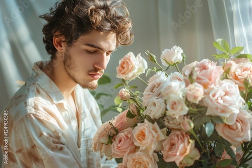 Florist in light clothing demonstrating floral composition techniques, selective focus photo